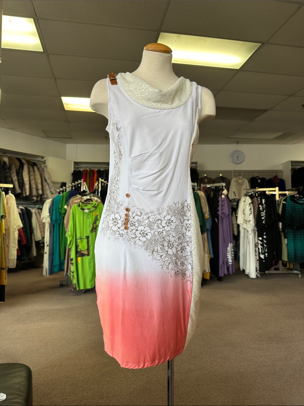 Cop.Copine White to Coral Ombre Midi Dress with Floral Detail